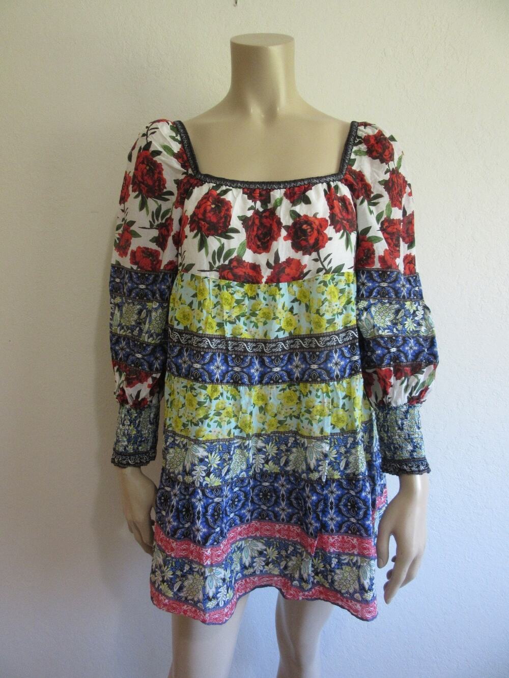 Alice+Olivia Floral & Paisley Off the Shoulder M Cotton and Silk Mini Dress